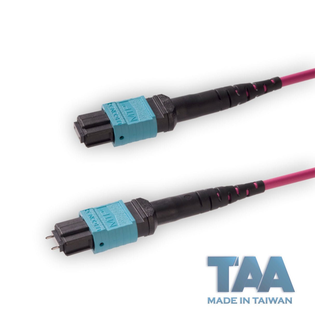 TAA Compliant | 12-Fiber Elite Pinned MTP®/UPC to Non-Pinned MTP®/UPC Jumper | Corning® ClearCurve® OM4 Multimode Optical Fiber | Type B, Aqua MTP® Connectors, Magenta Cable Jacket | OFNR Jacket