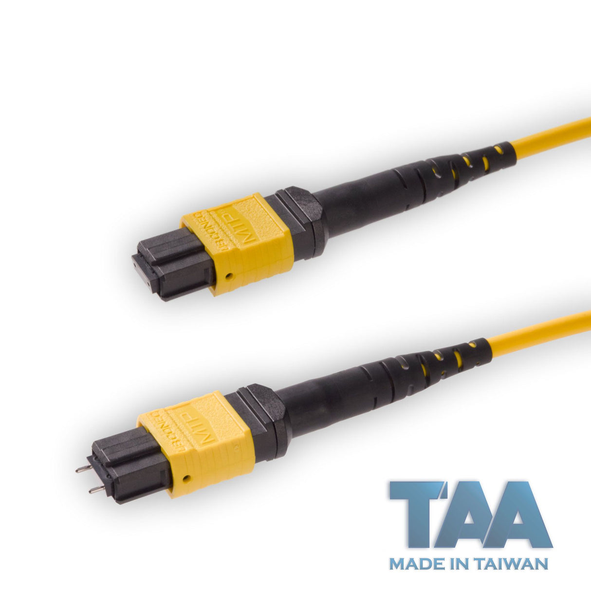 TAA Compliant | 12-Fiber Elite Pinned MTP®/APC to Non-Pinned MTP®/APC Jumper | Corning® SMF-28® Ultra Single-mode Optical Fiber | OS1/OS2 Compatible | Type A, Yellow MTP® Connectors, Yellow Cable Jacket | OFNP Jacket