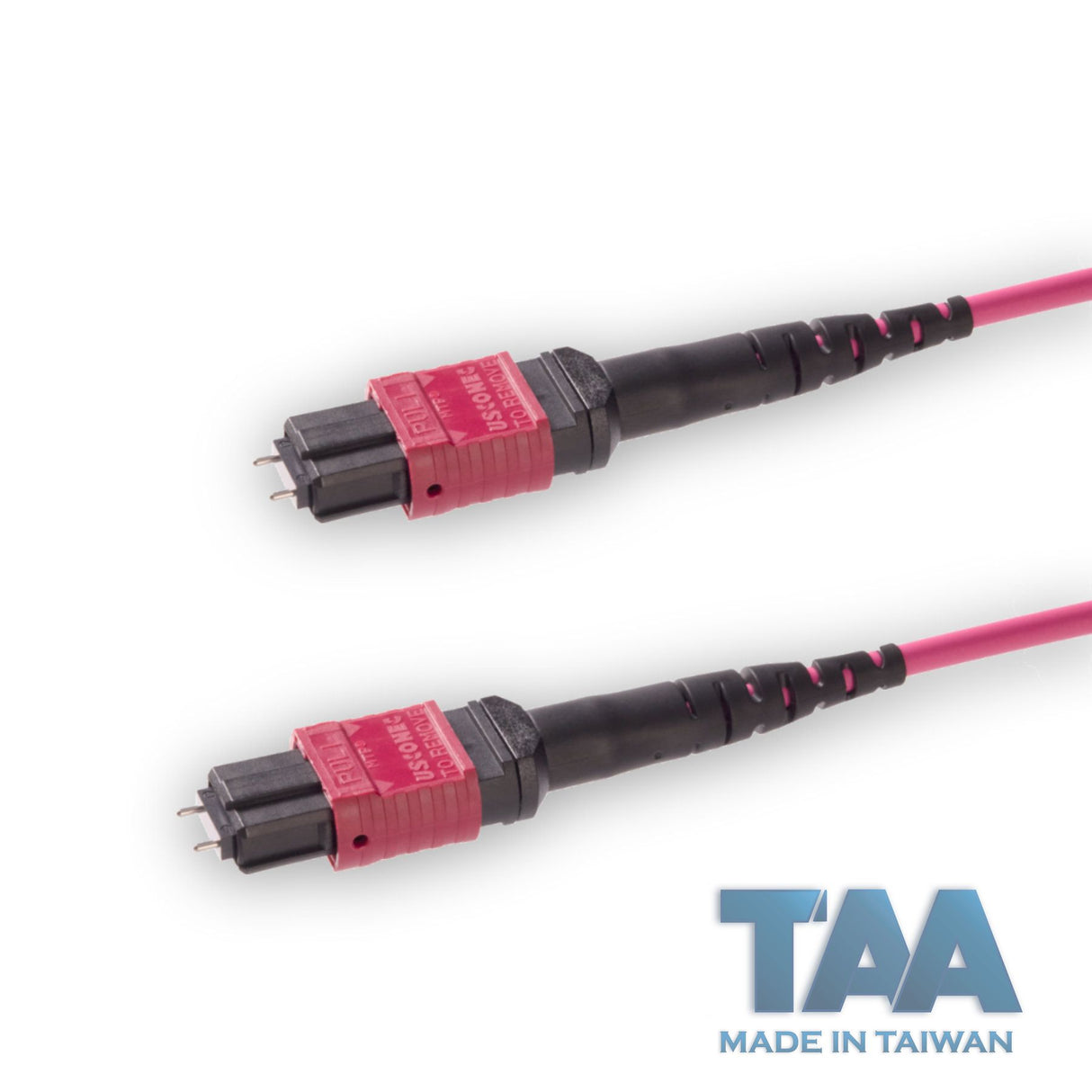 TAA Compliant | 12-Fiber Elite Pinned MTP®/UPC to Pinned MTP®/UPC Jumper | Corning® ClearCurve® OM4 Multimode Optical Fiber | Type A, Magenta MTP® Connectors, Magenta Cable Jacket | OFNR Jacket