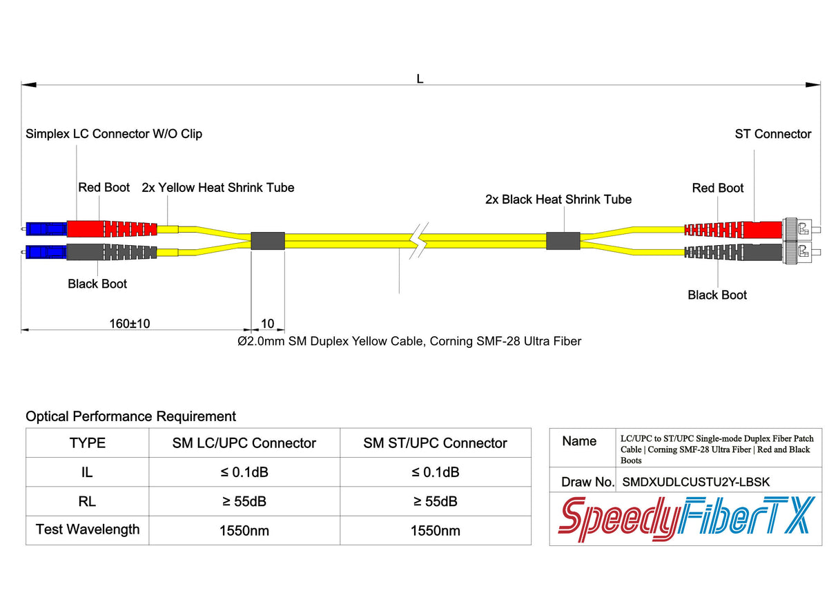 Ultra Low Loss 0.1dB LC/UPC to ST/UPC Single-mode Duplex Fiber Patch Cable | Corning SMF-28 Ultra Fiber | Red and Black Boots | OS1/OS2 Compatible | OFNR Jacket