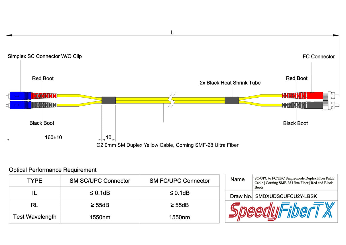 Ultra Low Loss 0.1dB SC/UPC to FC/UPC Single-mode Duplex Fiber Patch Cable | Corning SMF-28 Ultra Fiber | Red and Black Boots | OS1/OS2 Compatible | OFNR Jacket