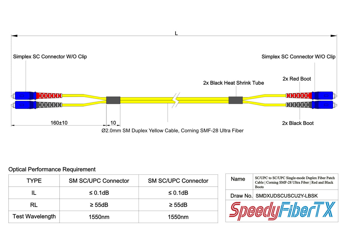 Ultra Low Loss 0.1dB SC/UPC to SC/UPC Single-mode Duplex Fiber Patch Cable | Corning SMF-28 Ultra Fiber | Red and Black Boots | OS1/OS2 Compatible | OFNR Jacket