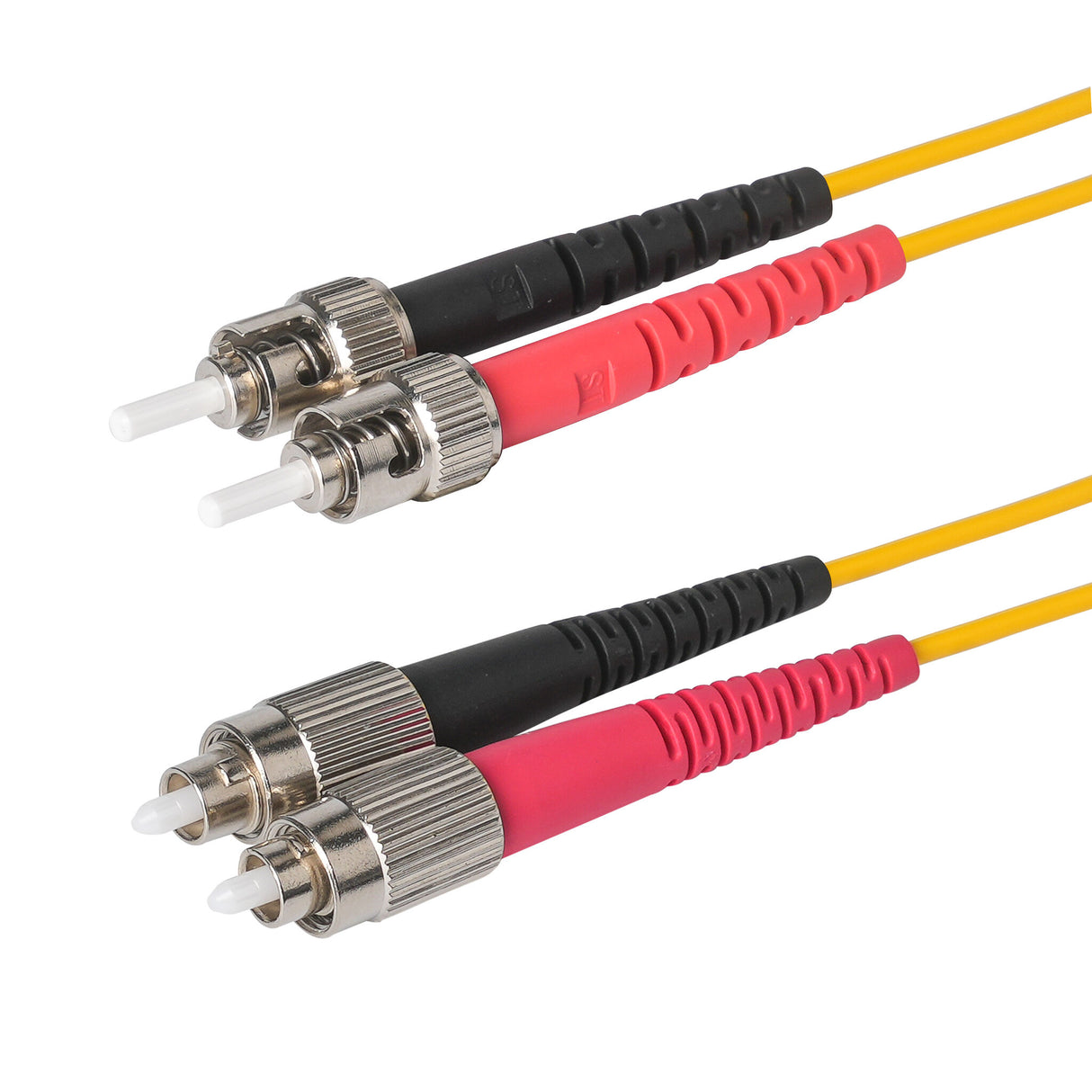Ultra Low Loss 0.1dB FC/APC to ST/UPC Single-mode Duplex Fiber Patch Cable | Corning SMF-28 Ultra Fiber | Red and Black Boots | OS1/OS2 Compatible | OFNR Jacket