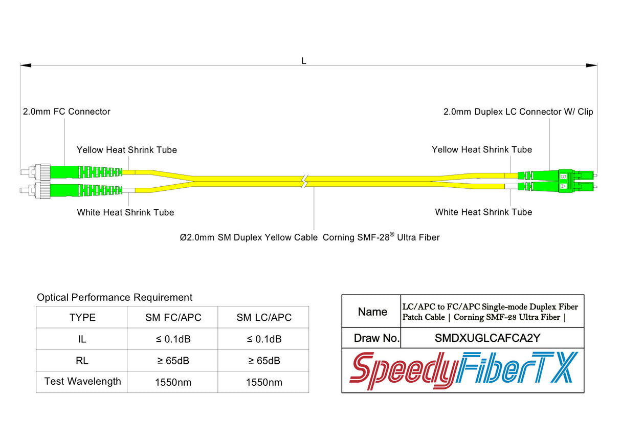 Ultra Low Loss 0.1dB LC/APC to FC/APC Single-mode Duplex Fiber Patch Cable | Corning SMF-28 Ultra Fiber | OS1/OS2 Compatible | OFNP Jacket