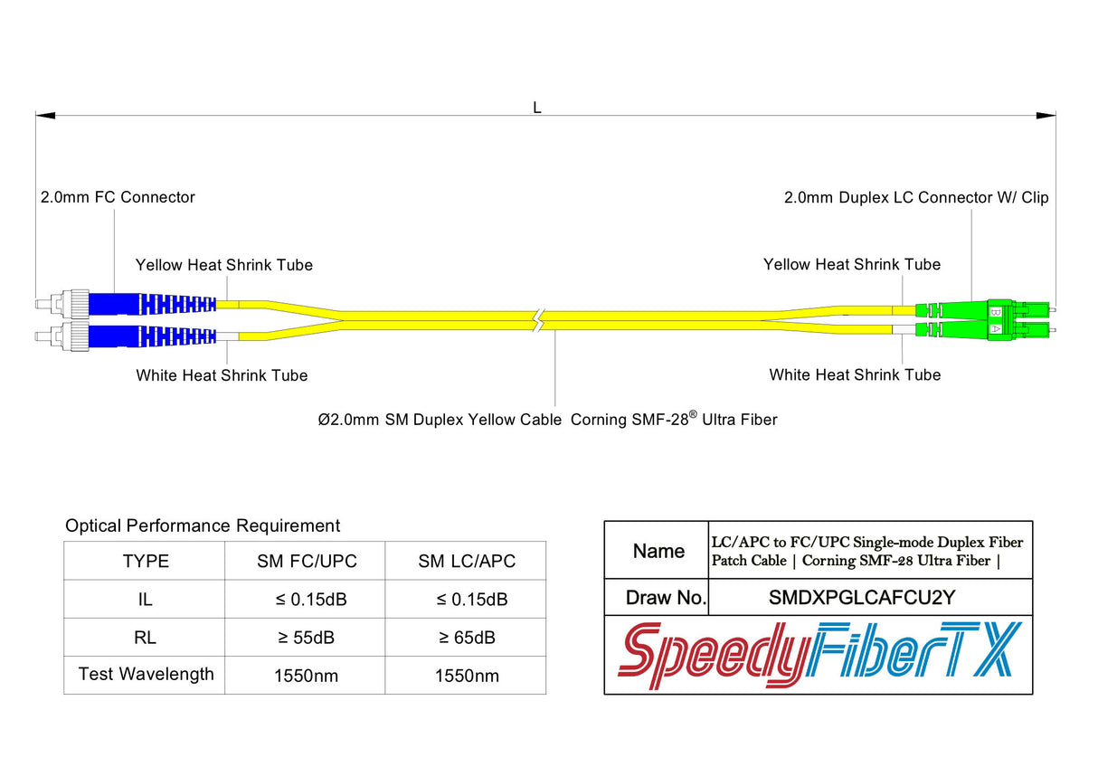 Low Loss 0.15dB LC/APC to FC/UPC Single-mode Duplex Fiber Patch Cable | Corning SMF-28 Ultra Fiber | OS1/OS2 Compatible | LSZH Jacket