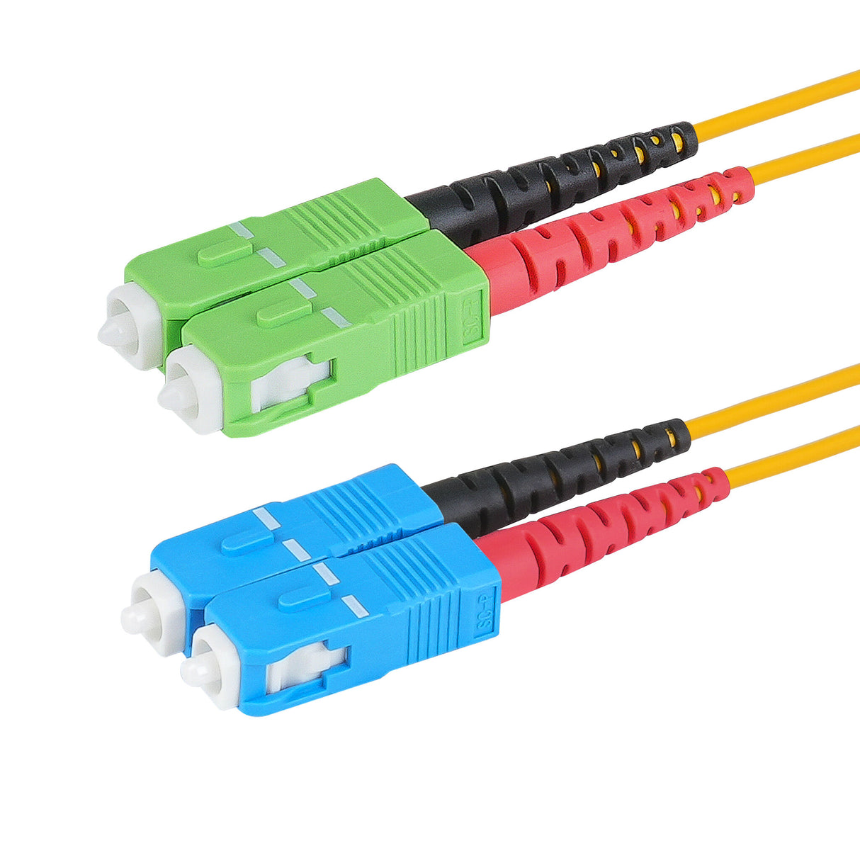 Ultra Low Loss 0.1dB SC/APC to SC/UPC Single-mode Duplex Fiber Patch Cable | Corning SMF-28 Ultra Fiber | Red and Black Boots | OS1/OS2 Compatible | OFNR Jacket