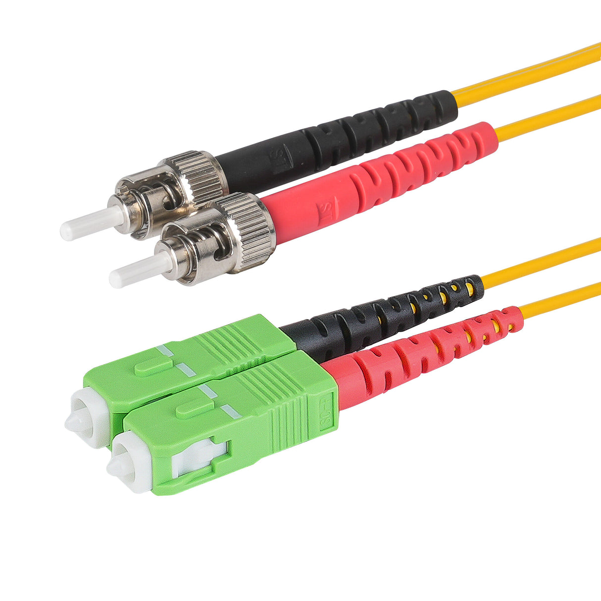 Ultra Low Loss 0.1dB SC/APC to ST/UPC Single-mode Duplex Fiber Patch Cable | Corning SMF-28 Ultra Fiber | Red and Black Boots | OS1/OS2 Compatible | OFNR Jacket