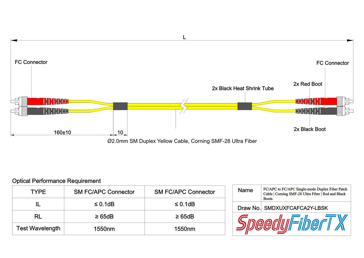 Ultra Low Loss 0.1dB FC/APC to FC/APC Single-mode Duplex Fiber Patch Cable | Corning SMF-28 Ultra Fiber | Red and Black Boots | OS1/OS2 Compatible | OFNR Jacket