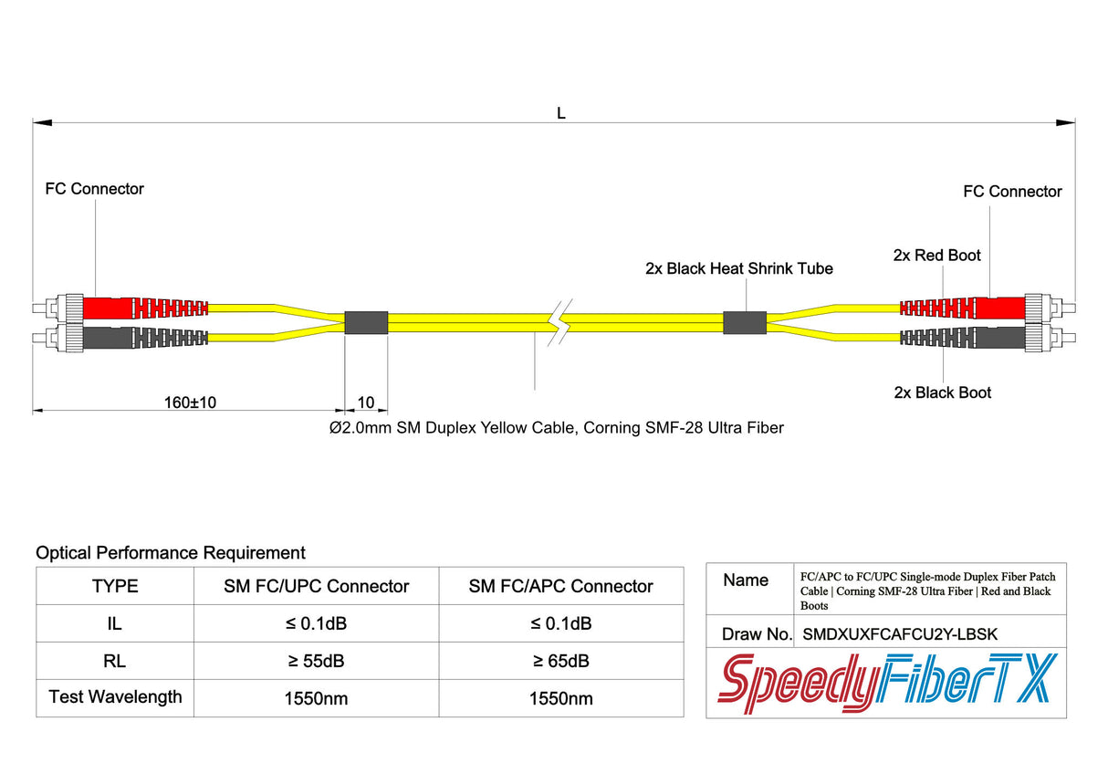 Ultra Low Loss 0.1dB FC/APC to FC/UPC Single-mode Duplex Fiber Patch Cable | Corning SMF-28 Ultra Fiber | Red and Black Boots | OS1/OS2 Compatible | OFNR Jacket