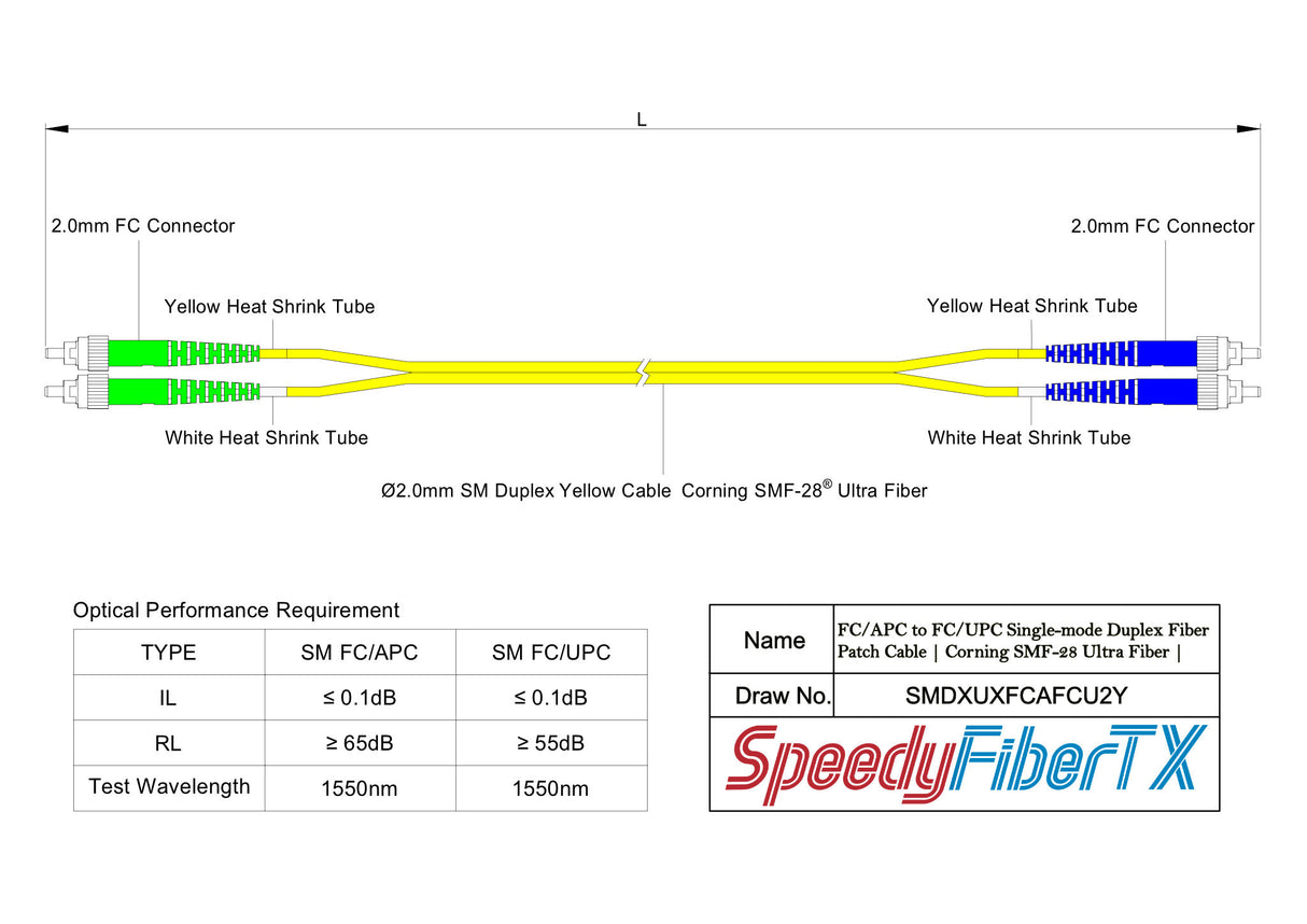Ultra Low Loss 0.1dB FC/APC to FC/UPC Single-mode Duplex Fiber Patch Cable | Corning SMF-28 Ultra Fiber | OS1/OS2 Compatible | LSZH Jacket