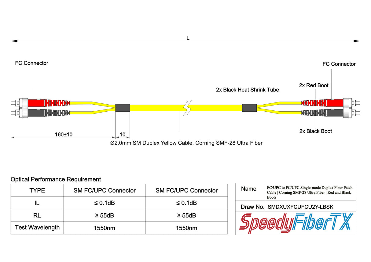 Ultra Low Loss 0.1dB FC/UPC to FC/UPC Single-mode Duplex Fiber Patch Cable | Corning SMF-28 Ultra Fiber | Red and Black Boots | OS1/OS2 Compatible | OFNR Jacket