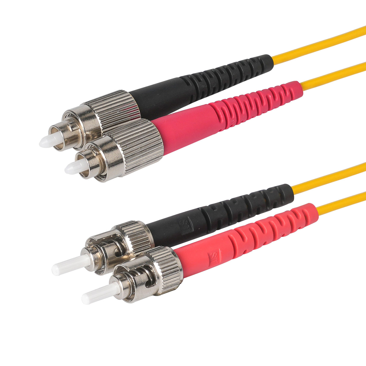 Ultra Low Loss 0.1dB ST/UPC to FC/UPC Single-mode Duplex Fiber Patch Cable | Corning SMF-28 Ultra Fiber | Red and Black Boots | OS1/OS2 Compatible | OFNR Jacket
