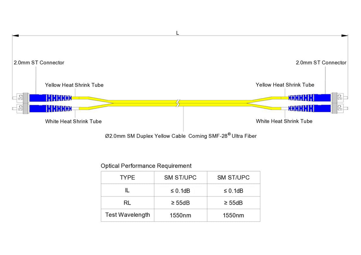 Ultra Low Loss 0.1dB ST/UPC to ST/UPC Single-mode Duplex Fiber Patch Cable | Corning SMF-28 Ultra Fiber | OS1/OS2 Compatible | LSZH Jacket
