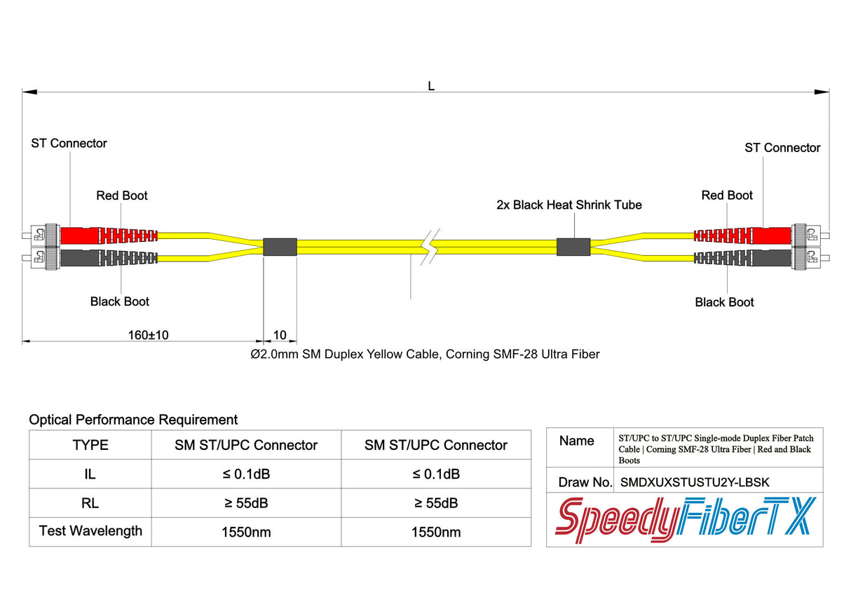 Ultra Low Loss 0.1dB ST/UPC to ST/UPC Single-mode Duplex Fiber Patch Cable | Corning SMF-28 Ultra Fiber | Red and Black Boots | OS1/OS2 Compatible | OFNR Jacket