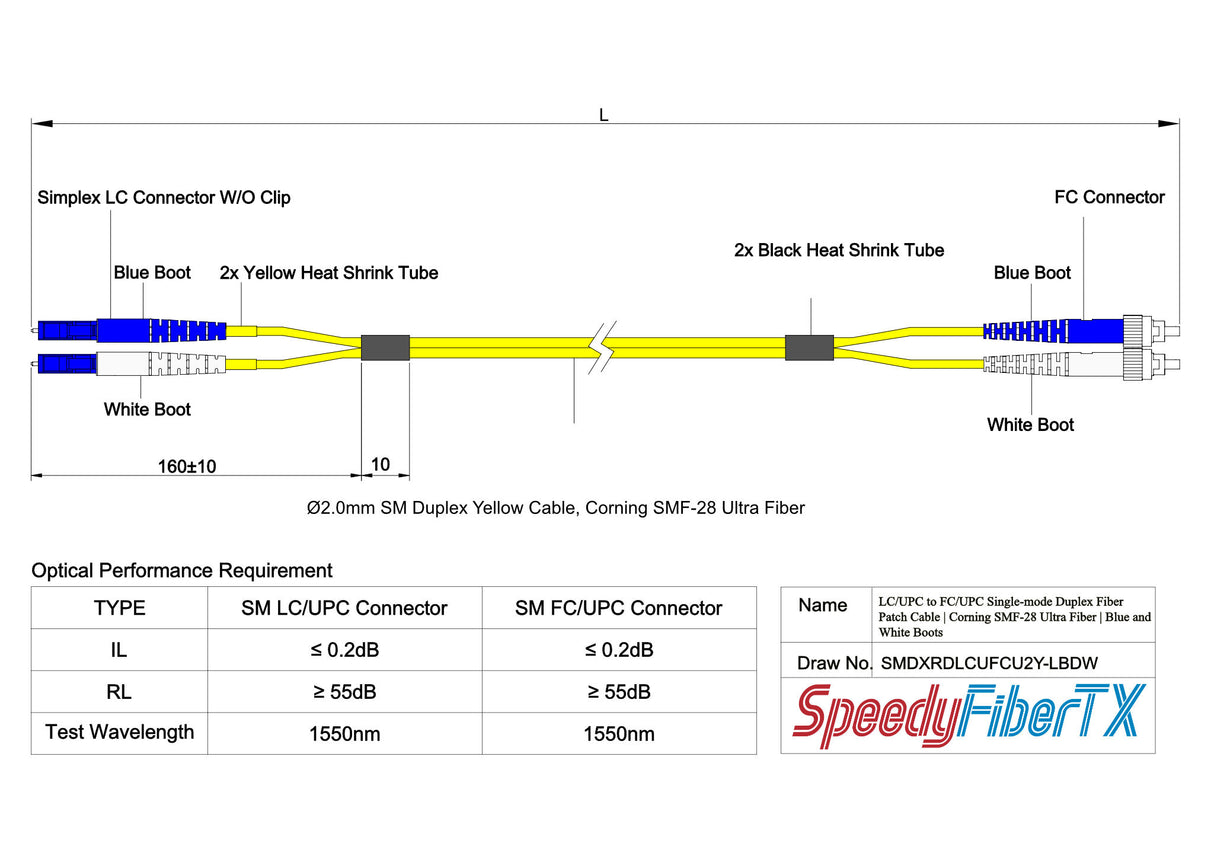 0.2dB LC/UPC to FC/UPC Single-mode Duplex Fiber Patch Cable | Corning SMF-28 Ultra Fiber | Blue and White Boots | OS1/OS2 Compatible | OFNR Jacket