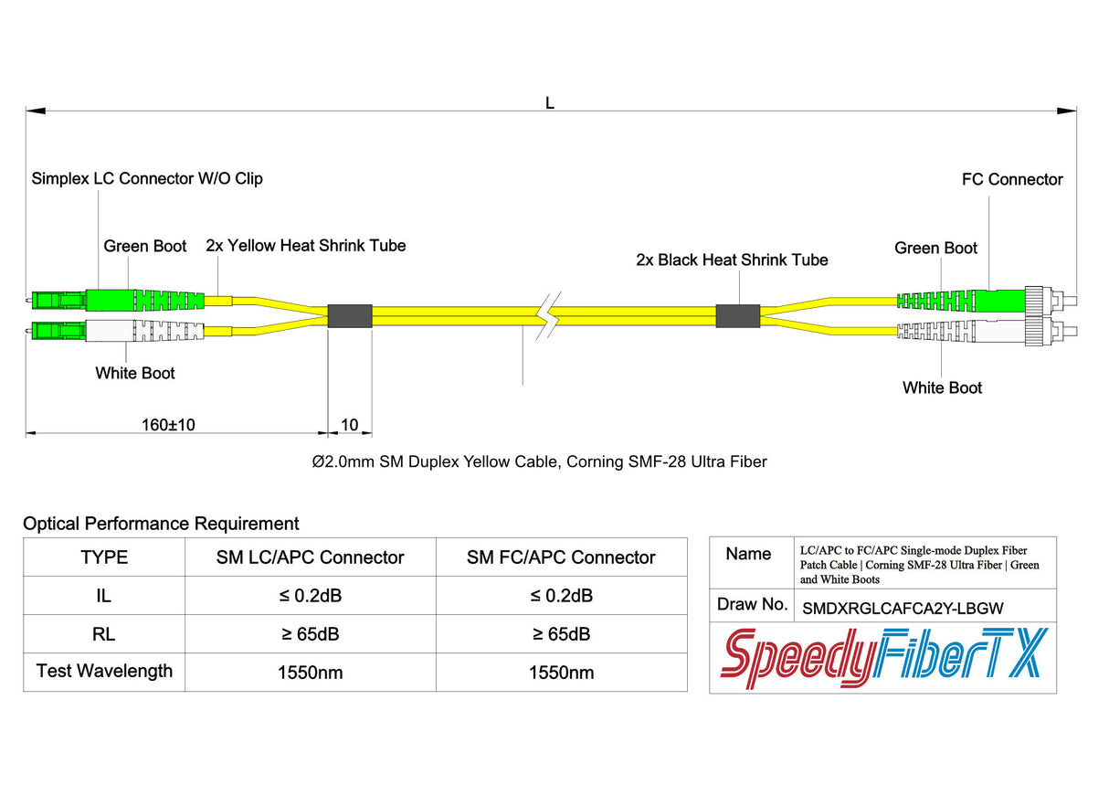0.2dB LC/APC to FC/APC Single-mode Duplex Fiber Patch Cable | Corning SMF-28 Ultra Fiber | Green and White Boots | OS1/OS2 Compatible | OFNR Jacket