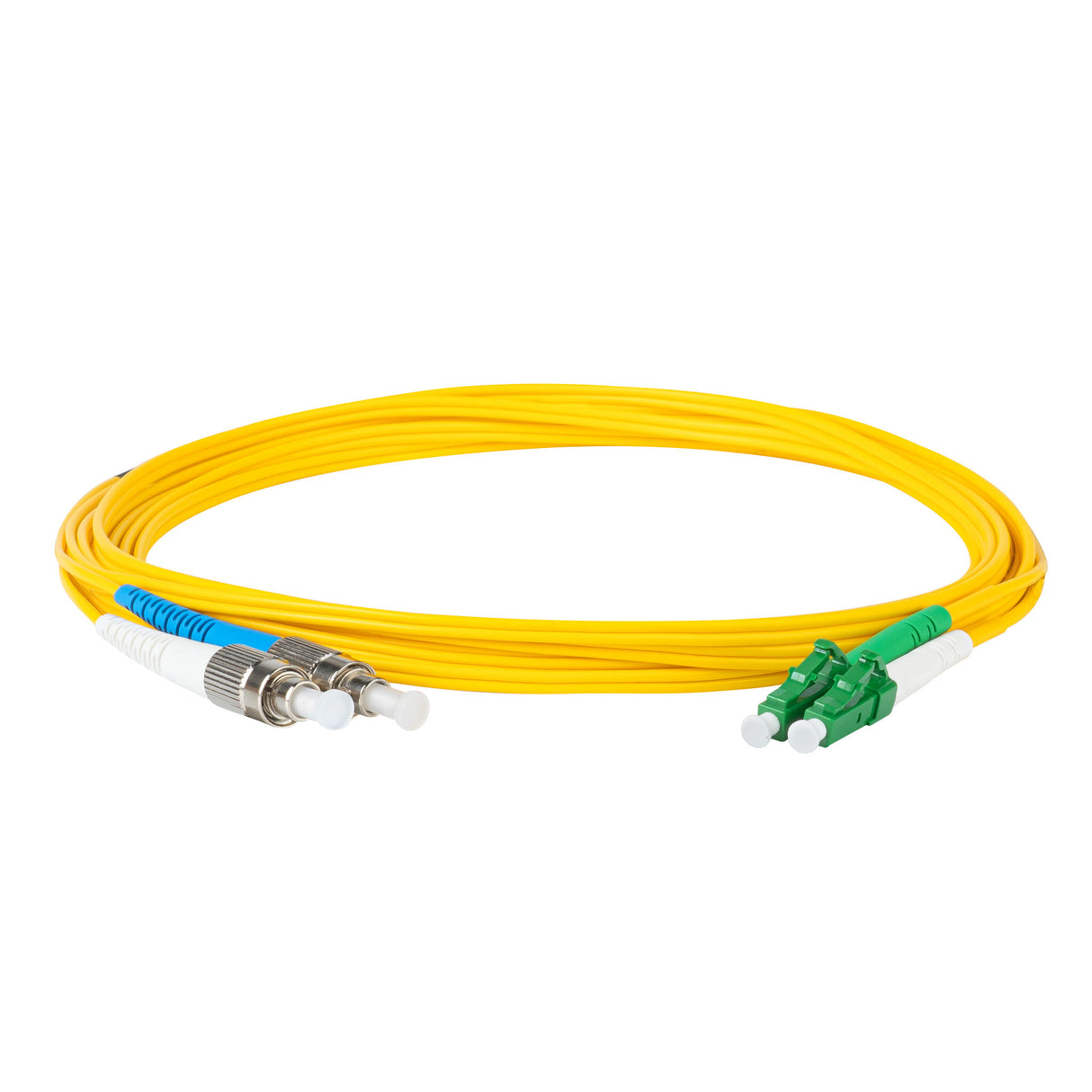 Ultra Low Loss 0.1dB LC/APC to FC/UPC Single-mode Duplex Fiber Patch Cable | Corning SMF-28 Ultra Fiber | Green, Blue and White Boots | OS1/OS2 Compatible | OFNR Jacket