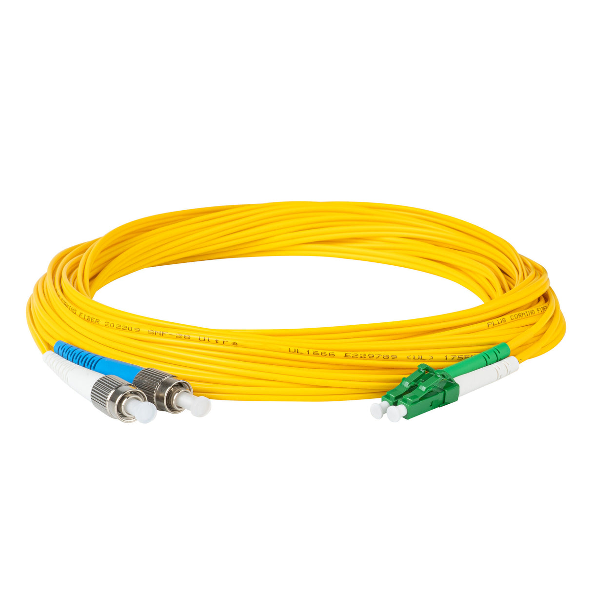 Ultra Low Loss 0.1dB LC/APC to FC/UPC Single-mode Duplex Fiber Patch Cable | Corning SMF-28 Ultra Fiber | Green, Blue and White Boots | OS1/OS2 Compatible | OFNR Jacket