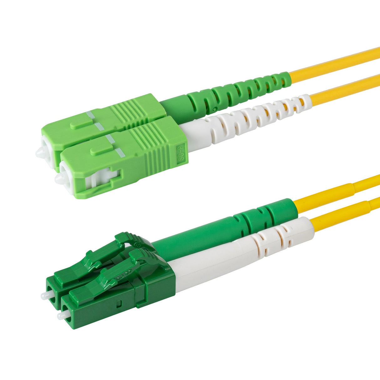 0.2dB LC/APC to SC/APC Single-mode Duplex Fiber Patch Cable | Corning SMF-28 Ultra Fiber | Green and White Boots | OS1/OS2 Compatible | OFNR Jacket