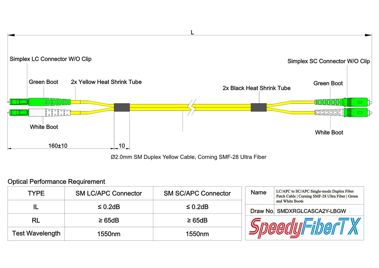 0.2dB LC/APC to SC/APC Single-mode Duplex Fiber Patch Cable | Corning SMF-28 Ultra Fiber | Green and White Boots | OS1/OS2 Compatible | OFNR Jacket
