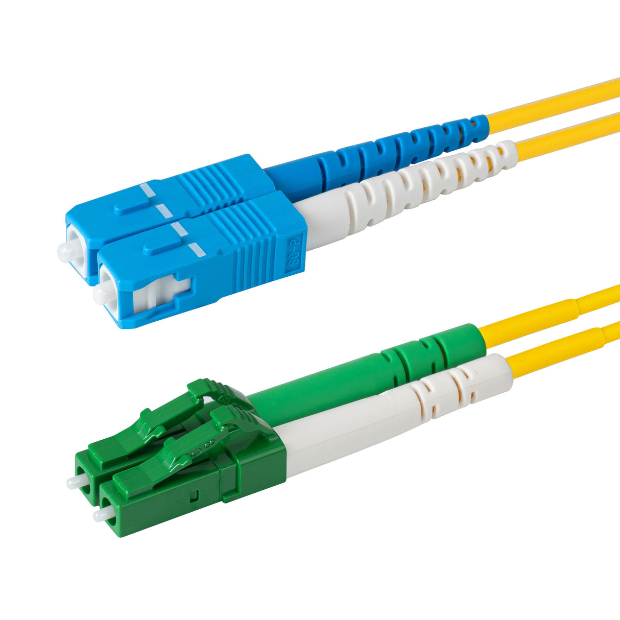 Ultra Low Loss 0.1dB LC/APC to SC/UPC Single-mode Duplex Fiber Patch Cable | Corning SMF-28 Ultra Fiber | Green, Blue and White Boots | OS1/OS2 Compatible | OFNR Jacket