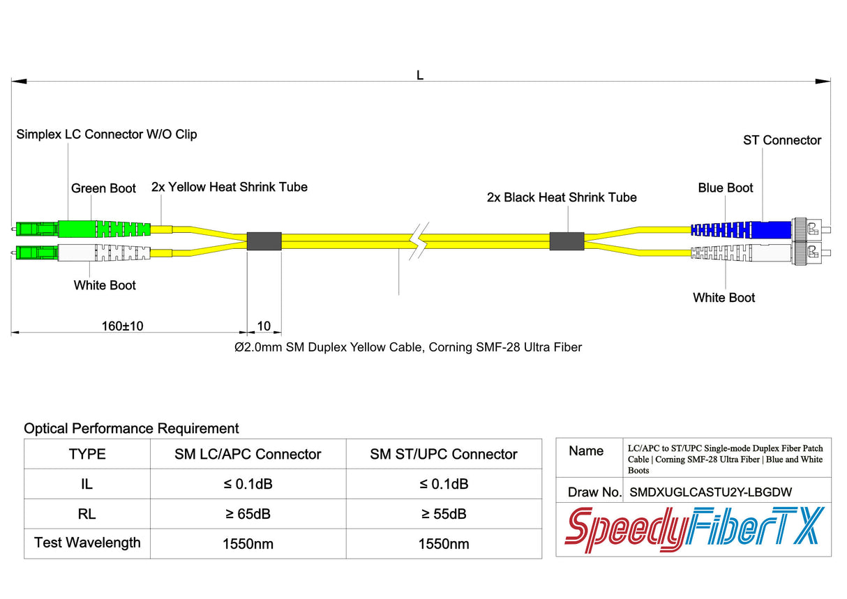 Ultra Low Loss 0.1dB LC/APC to ST/UPC Single-mode Duplex Fiber Patch Cable | Corning SMF-28 Ultra Fiber | Green, Blue and White Boots | OS1/OS2 Compatible | OFNR Jacket