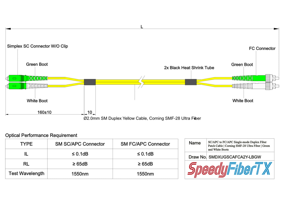 Ultra Low Loss 0.1dB SC/APC to FC/APC Single-mode Duplex Fiber Patch Cable | Corning SMF-28 Ultra Fiber | Green and White Boots | OS1/OS2 Compatible | OFNR Jacket
