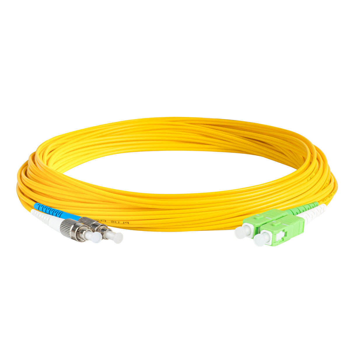 Ultra Low Loss 0.1dB SC/APC to FC/UPC Single-mode Duplex Fiber Patch Cable | Corning SMF-28 Ultra Fiber | Green, Blue and White Boots | OS1/OS2 Compatible | OFNR Jacket