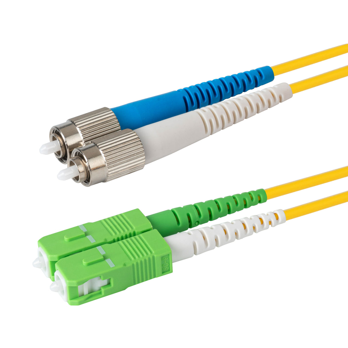 Ultra Low Loss 0.1dB SC/APC to FC/UPC Single-mode Duplex Fiber Patch Cable | Corning SMF-28 Ultra Fiber | Green, Blue and White Boots | OS1/OS2 Compatible | OFNR Jacket