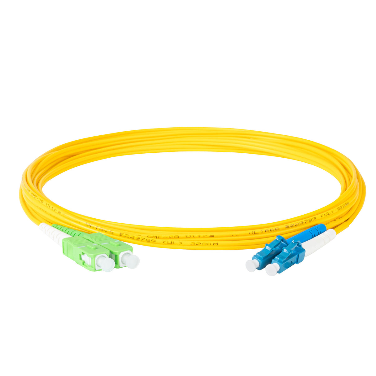 Ultra Low Loss 0.1dB SC/APC to LC/UPC Single-mode Duplex Fiber Patch Cable | Corning SMF-28 Ultra Fiber | Green, Blue and White Boots | OS1/OS2 Compatible | OFNR Jacket