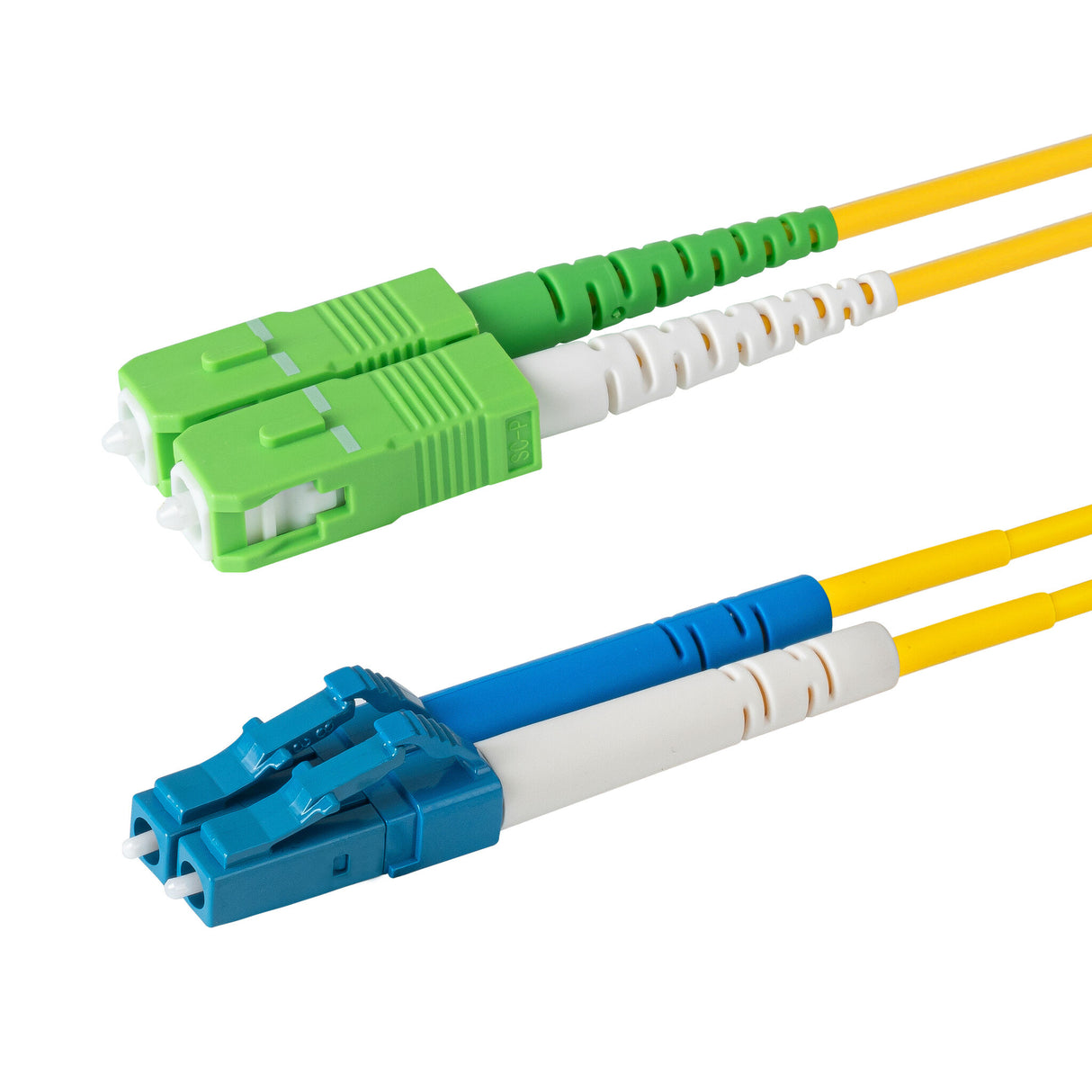 Ultra Low Loss 0.1dB SC/APC to LC/UPC Single-mode Duplex Fiber Patch Cable | Corning SMF-28 Ultra Fiber | Green, Blue and White Boots | OS1/OS2 Compatible | OFNR Jacket