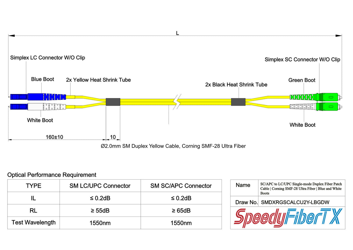 0.2dB SC/APC to LC/UPC Single-mode Duplex Fiber Patch Cable | Corning SMF-28 Ultra Fiber | Green, Blue and White Boots | OS1/OS2 Compatible | OFNR Jacket