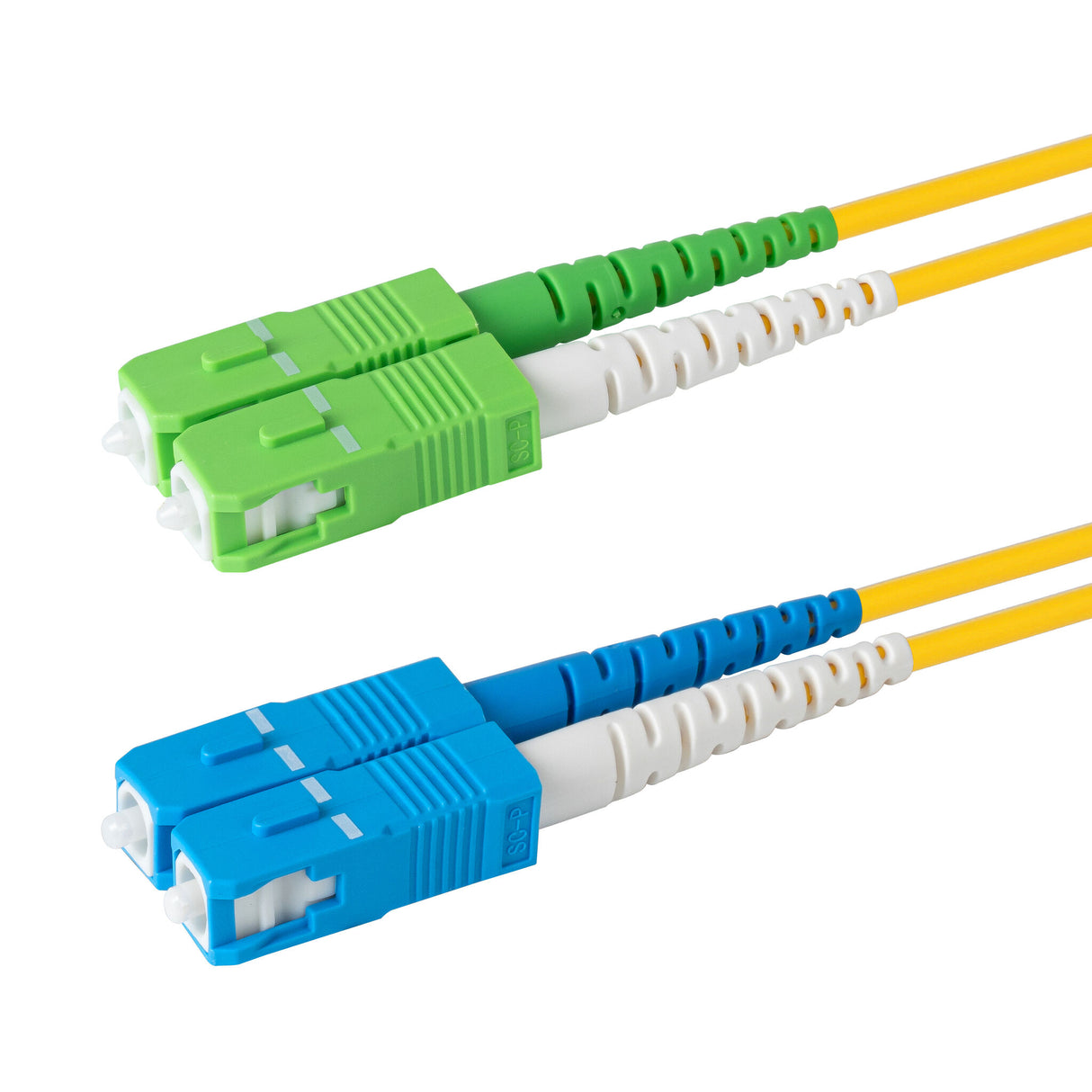 0.2dB SC/APC to SC/UPC Single-mode Duplex Fiber Patch Cable | Corning SMF-28 Ultra Fiber | Green, Blue and White Boots | OS1/OS2 Compatible | OFNR Jacket
