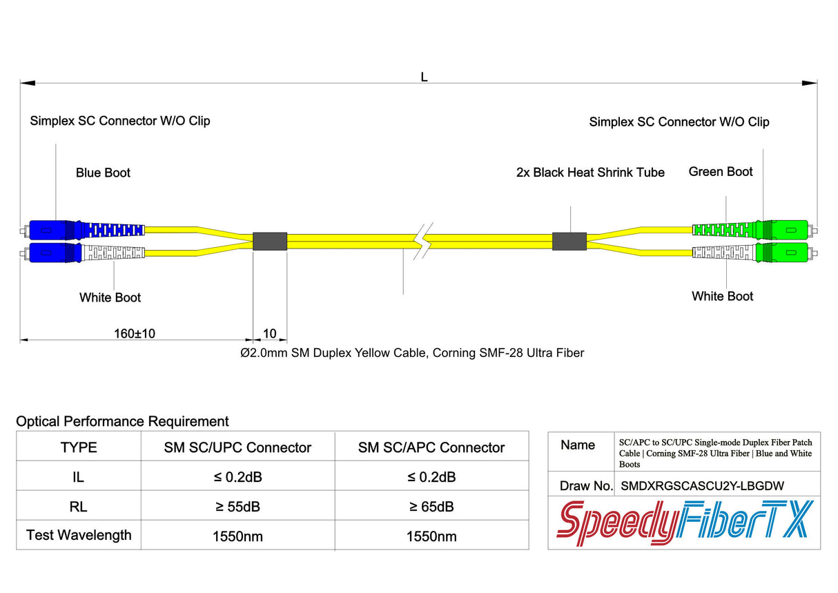 TAA Compliant Fiber Patch Cable | 0.2dB SC/APC to SC/UPC Single-mode Duplex | Corning SMF-28 Ultra Fiber | OS1/OS2 Compatible | OFNP Jacket