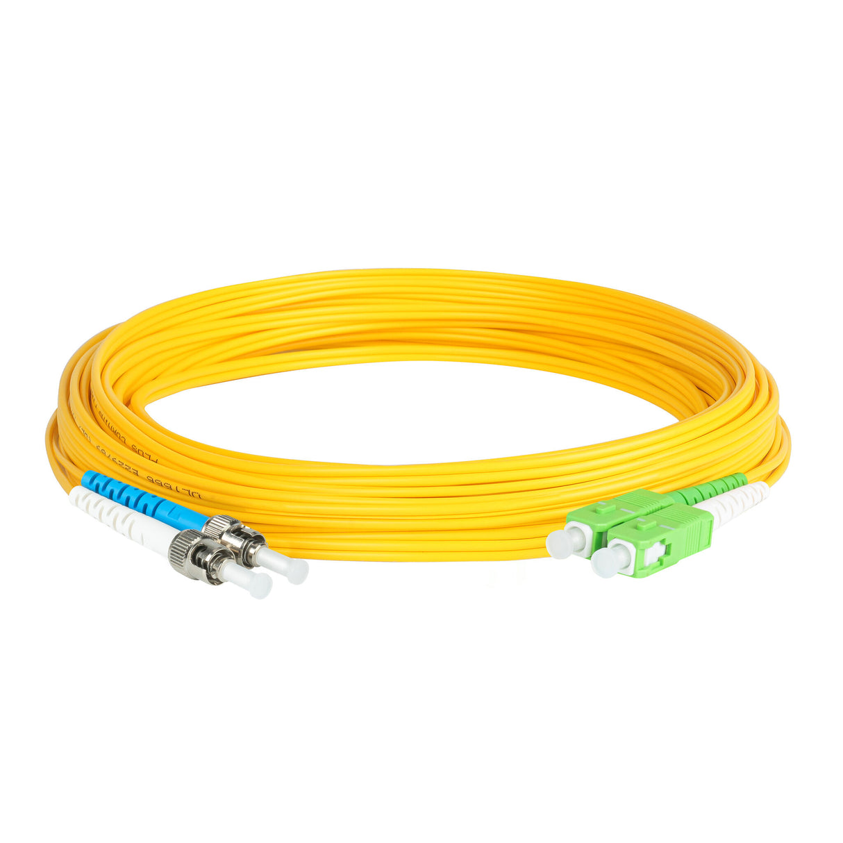 Ultra Low Loss 0.1dB SC/APC to ST/UPC Single-mode Duplex Fiber Patch Cable | Corning SMF-28 Ultra Fiber | Green, Blue and White Boots | OS1/OS2 Compatible | OFNR Jacket