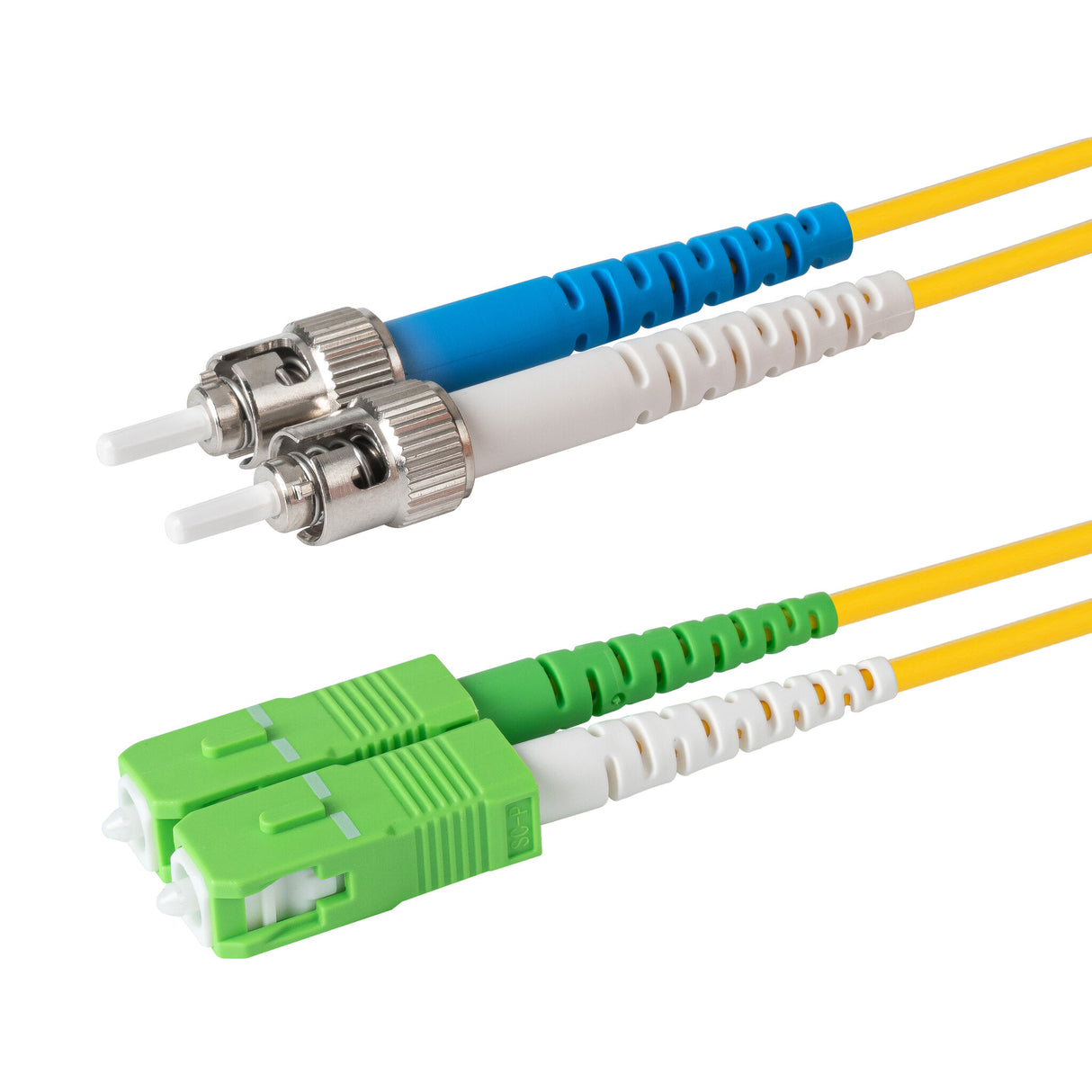 Ultra Low Loss 0.1dB SC/APC to ST/UPC Single-mode Duplex Fiber Patch Cable | Corning SMF-28 Ultra Fiber | Green, Blue and White Boots | OS1/OS2 Compatible | OFNR Jacket