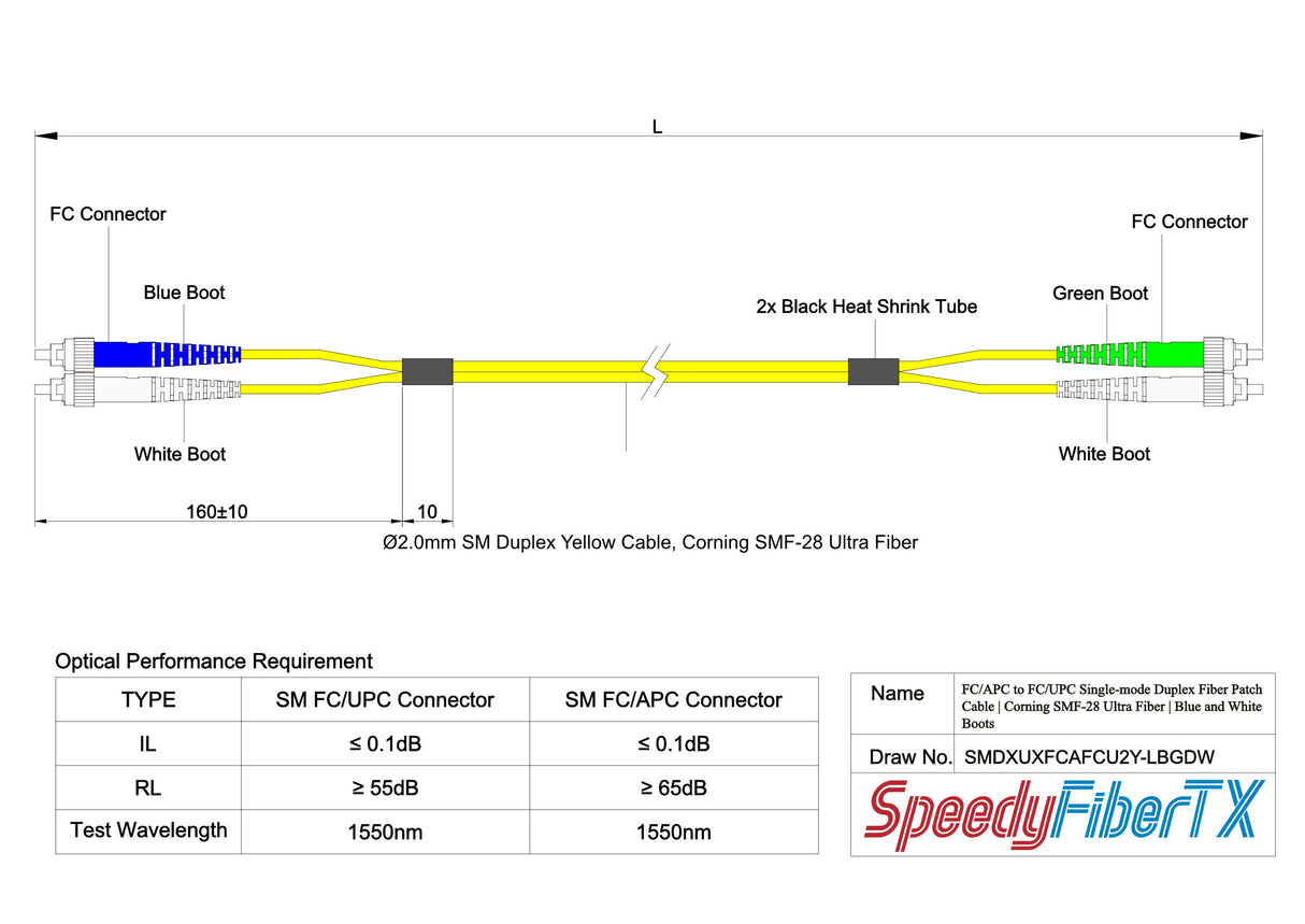 Ultra Low Loss 0.1dB FC/APC to FC/UPC Single-mode Duplex Fiber Patch Cable | Corning SMF-28 Ultra Fiber | Green, Blue and White Boots | OS1/OS2 Compatible | OFNR Jacket