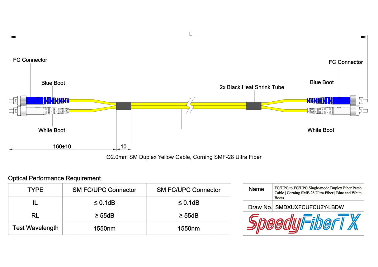 Ultra Low Loss 0.1dB FC/UPC to FC/UPC Single-mode Duplex Fiber Patch Cable | Corning SMF-28 Ultra Fiber | Blue and White Boots | OS1/OS2 Compatible | OFNR Jacket