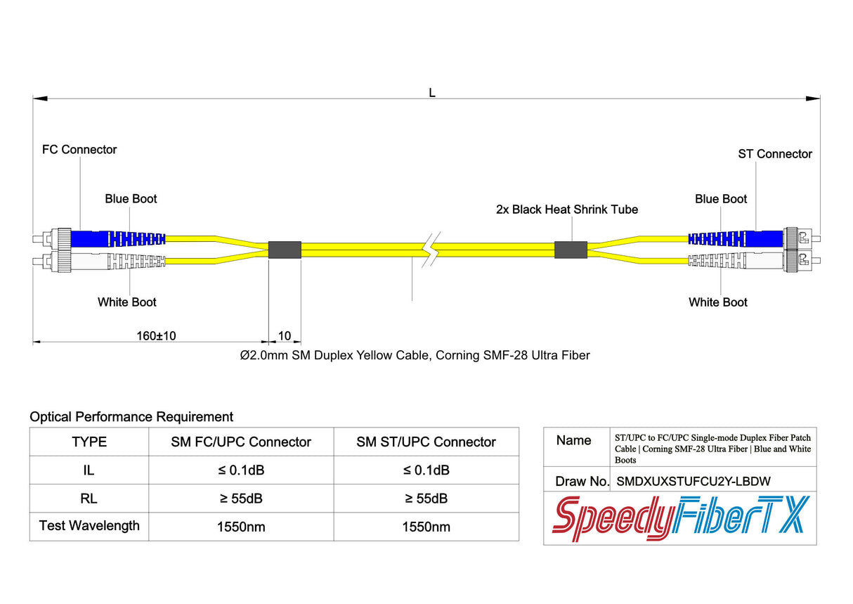 Ultra Low Loss 0.1dB ST/UPC to FC/UPC Single-mode Duplex Fiber Patch Cable | Corning SMF-28 Ultra Fiber | Blue and White Boots | OS1/OS2 Compatible | OFNR Jacket