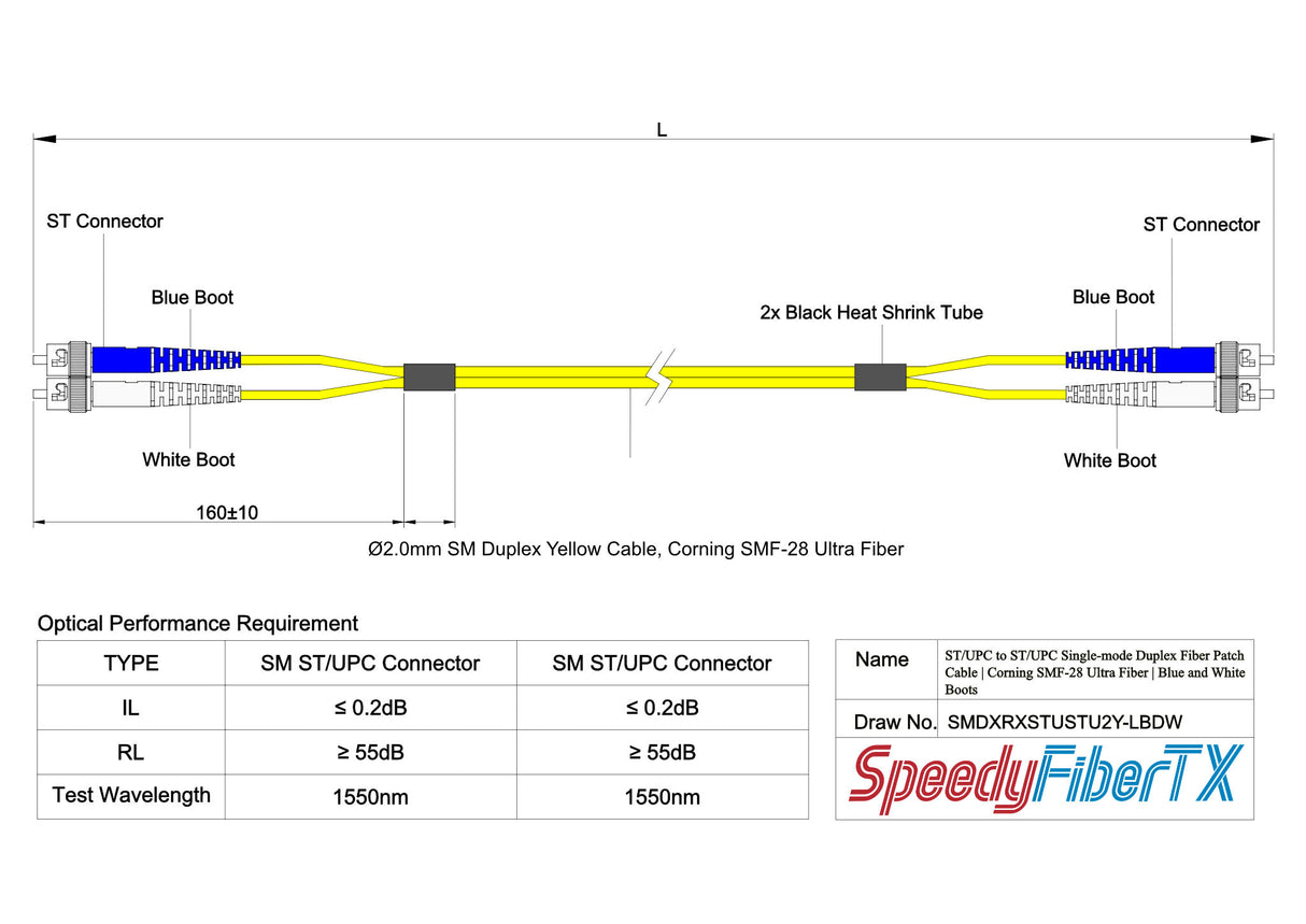 0.2dB ST/UPC to ST/UPC Single-mode Duplex Fiber Patch Cable | Corning SMF-28 Ultra Fiber | Blue and White Boots | OS1/OS2 Compatible | OFNR Jacket