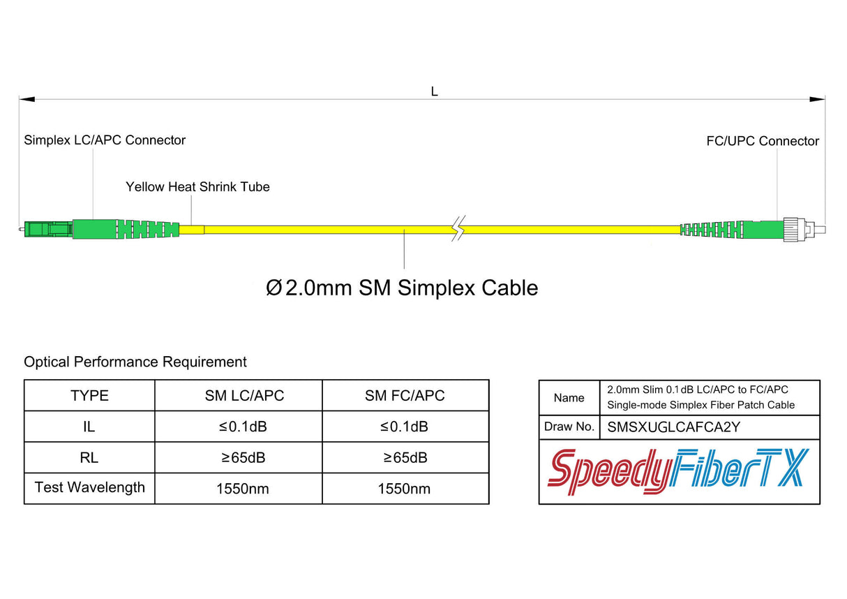 Ultra Low Loss 0.1dB Slim LC/APC to FC/APC Single-mode Simplex Fiber Patch Cable | Corning SMF-28 Ultra Fiber | OS1/OS2 Compatible | OFNR Jacket