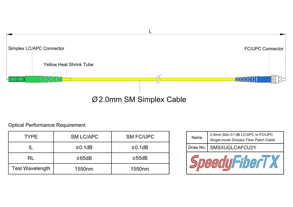 Ultra Low Loss 0.1dB Slim LC/APC to FC/UPC Single-mode Simplex Fiber Patch Cable | Corning SMF-28 Ultra Fiber | OS1/OS2 Compatible | OFNR Jacket