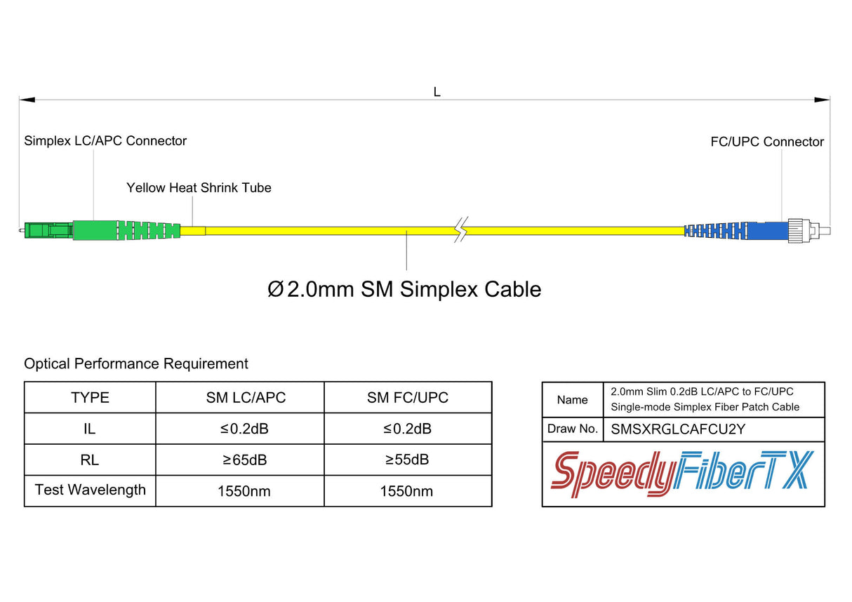 0.2dB Slim LC/APC to FC/UPC Single-mode Simplex Fiber Patch Cable | Corning SMF-28 Ultra Fiber | OS1/OS2 Compatible | OFNR Jacket
