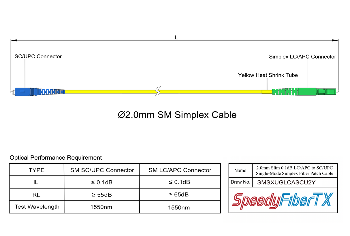 電信級低插損 0.1dB Slim 單模單工 LC/APC to SC/UPC光纖跳線 | 康寧纖芯 | OFNR 外被