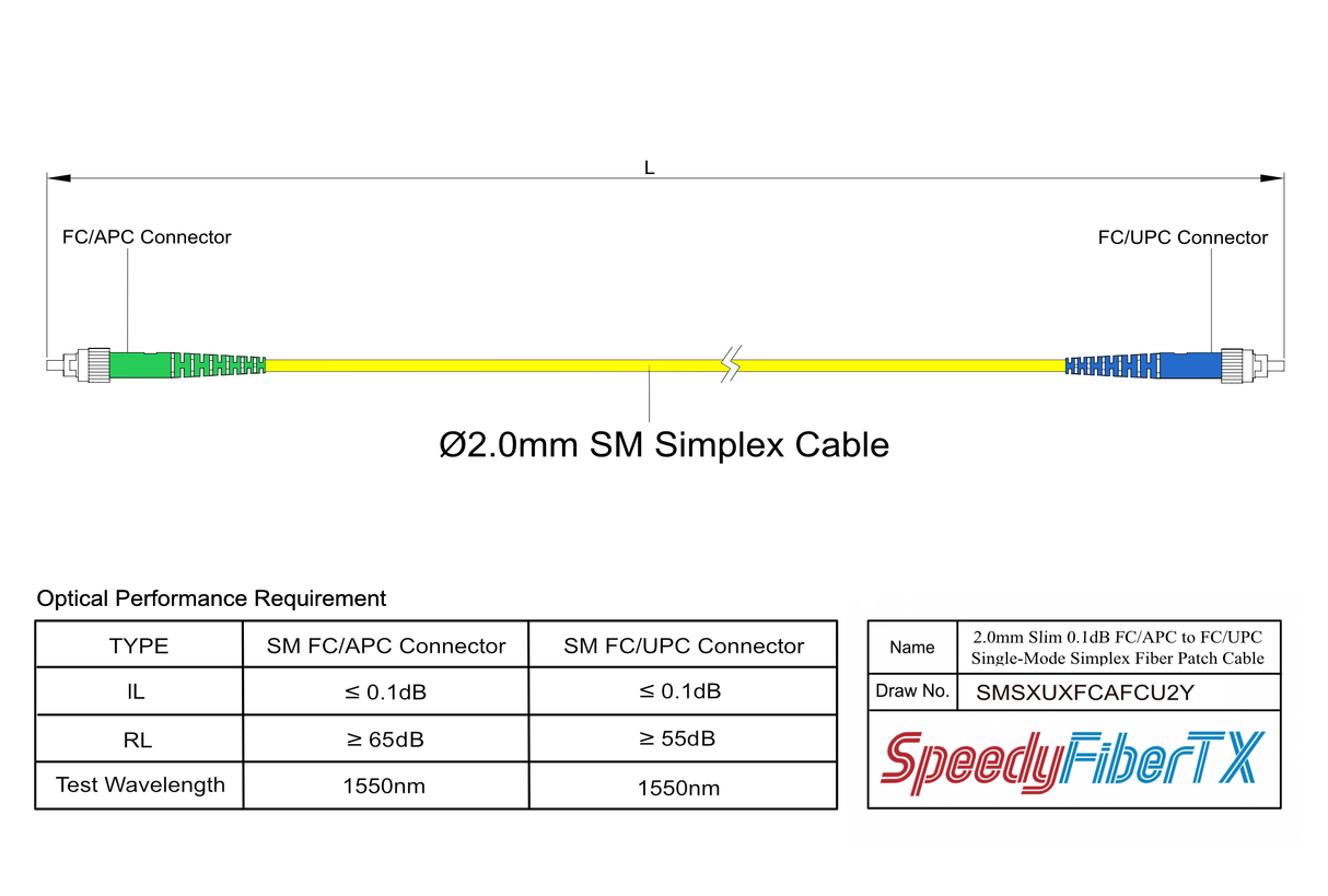 電信級低插損 0.1dB Slim 單模單工 FC/APC to FC/UPC光纖跳線 | 康寧纖芯 | OFNR 外被