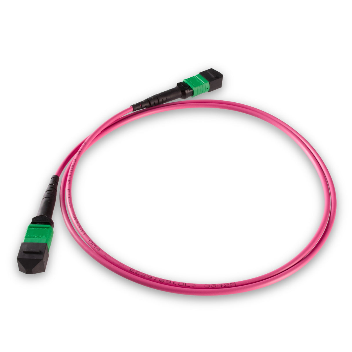 TAA Compliant | 8-Fiber Low Loss Non-Pinned MPO/APC to Non-Pinned MPO/APC Jumper Cable | Corning ClearCurve OM4 Multimode Optical Fiber | Type B, Green MPO Connector, Magenta OFNP Cable Jacket