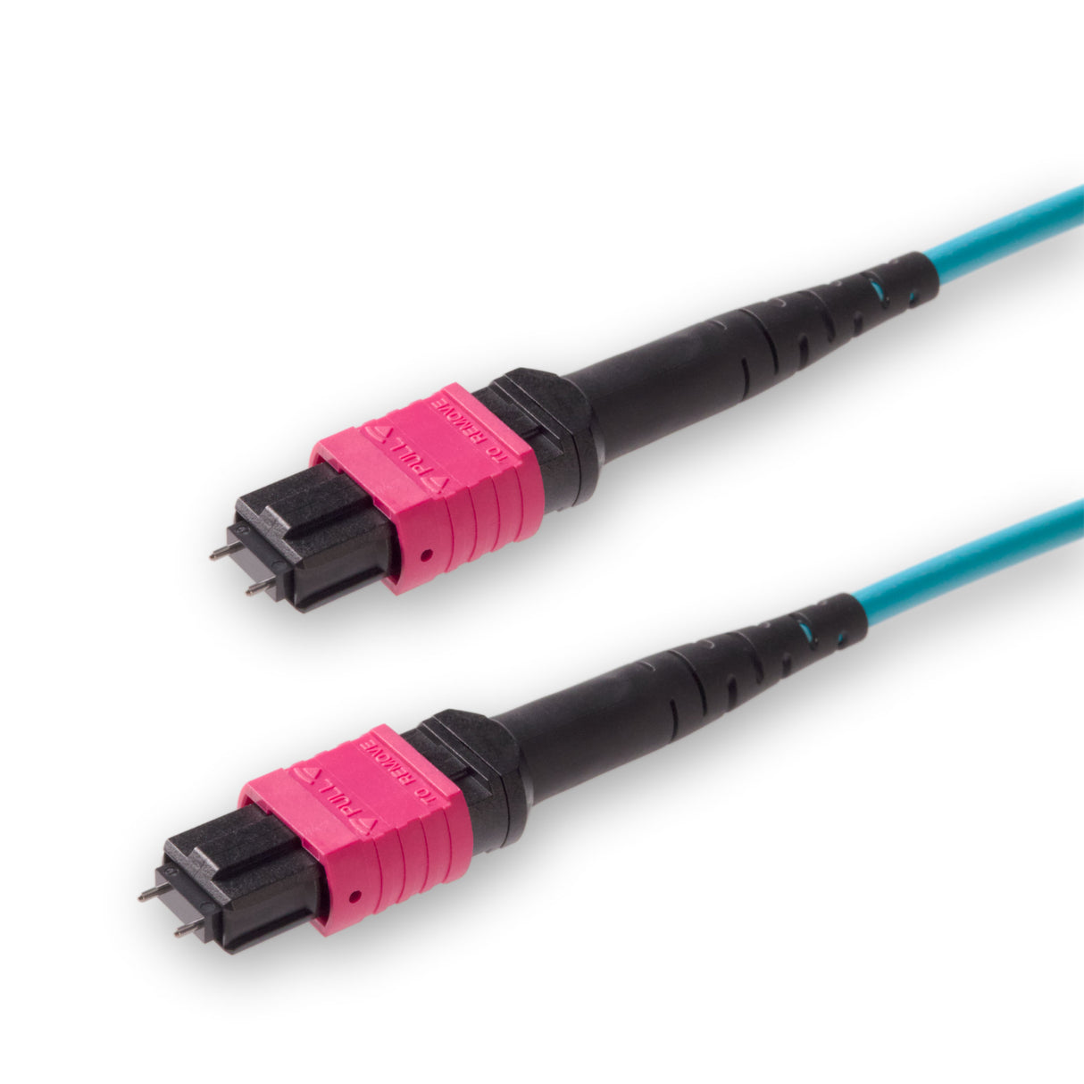 12-Fiber Low Loss Pinned MPO/UPC to Pinned MPO/UPC Jumper Cable | Corning ClearCurve OM4 Multimode Optical Fiber | Type A, Magenta MPO Connector, Aqua LSZH Cable Jacket