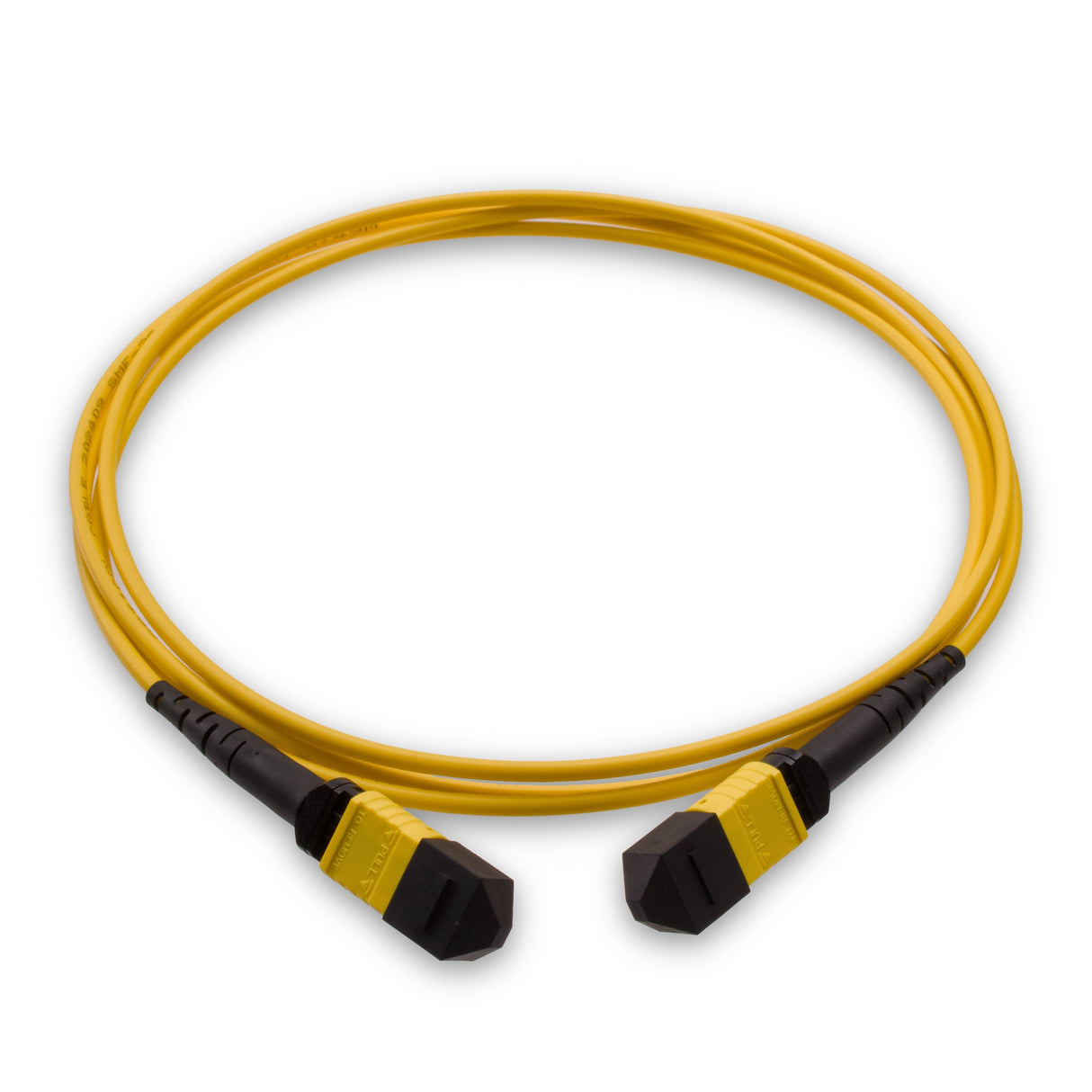 12-Fiber Elite Non-Pinned MPO to MPO Jumper with Corning® SMF-28® Ultra Optical Fiber, Type B polarity, Lemon Yellow MPO connectors, and Yellow jacket, optimized for 40GBASE-SR4 and 100GBASE-SR4 multimode parallel optics in high-density data centers.