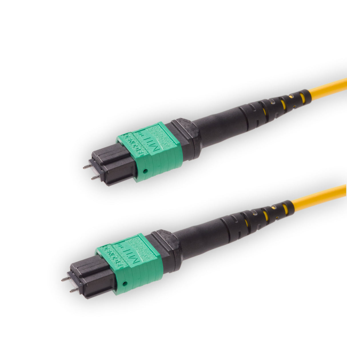 12-Fiber Elite Pinned MTP/APC to Pinned MTP/APC Jumper Cable | Corning SMF-28 Ultra Single-mode Optical Fiber | OS1/OS2 Compatible | Type A, Green MTP Connector, Yellow OFNR Cable Jacket