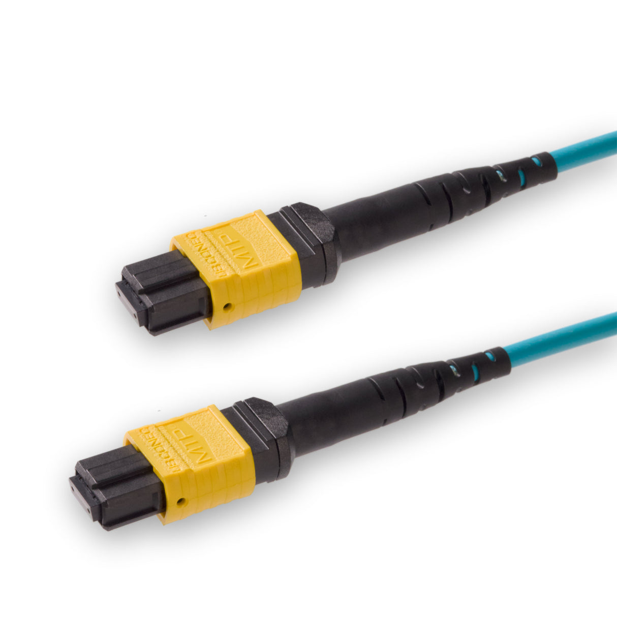 8-Fiber Elite Non-Pinned MTP/APC to Non-Pinned MTP/APC Jumper Cable | Corning ClearCurve OM4 Multimode Optical Fiber | Type B, Yellow MTP Connector, Aqua LSZH Cable Jacket